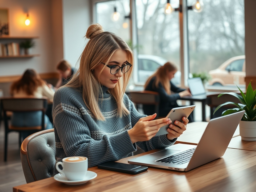 Молодая женщина в свитере работает за ноутбуком в кафе, пьет кофе и использует планшет.