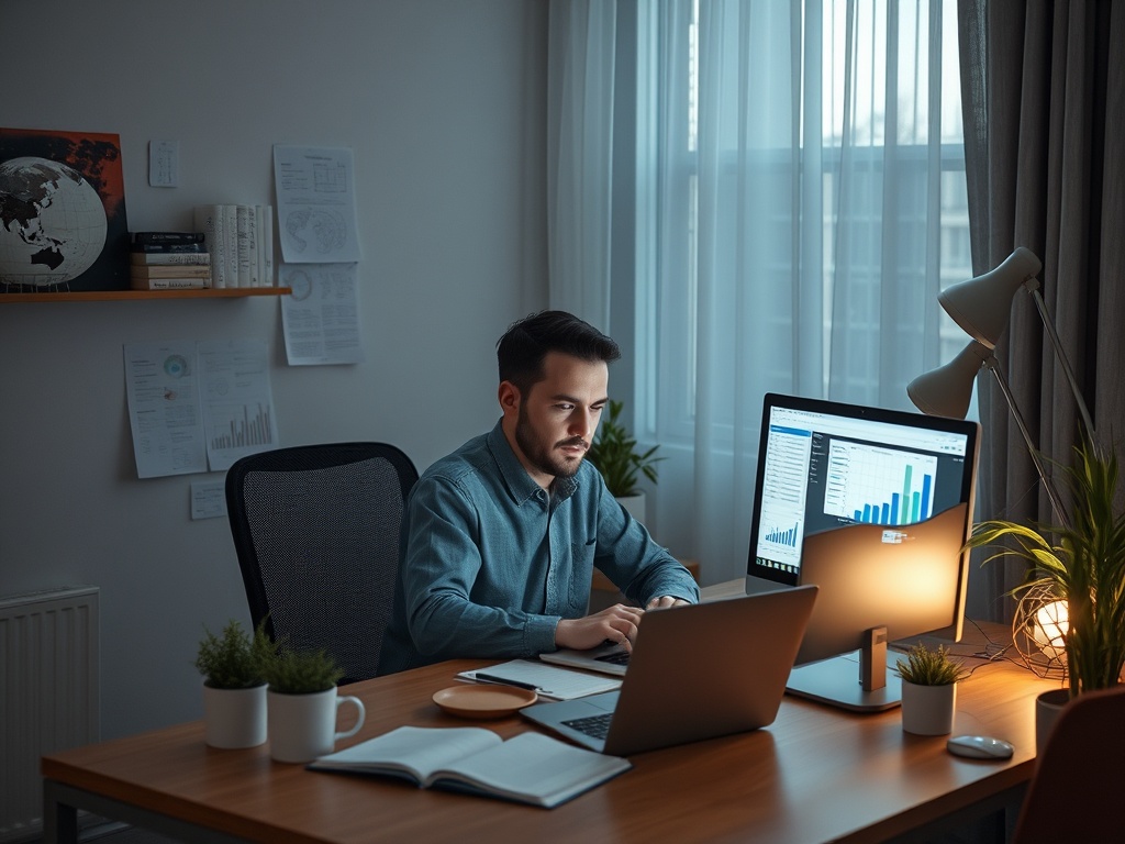 Молодой человек работает в офисе перед компьютером и ноутбуком, окружённый растениями.