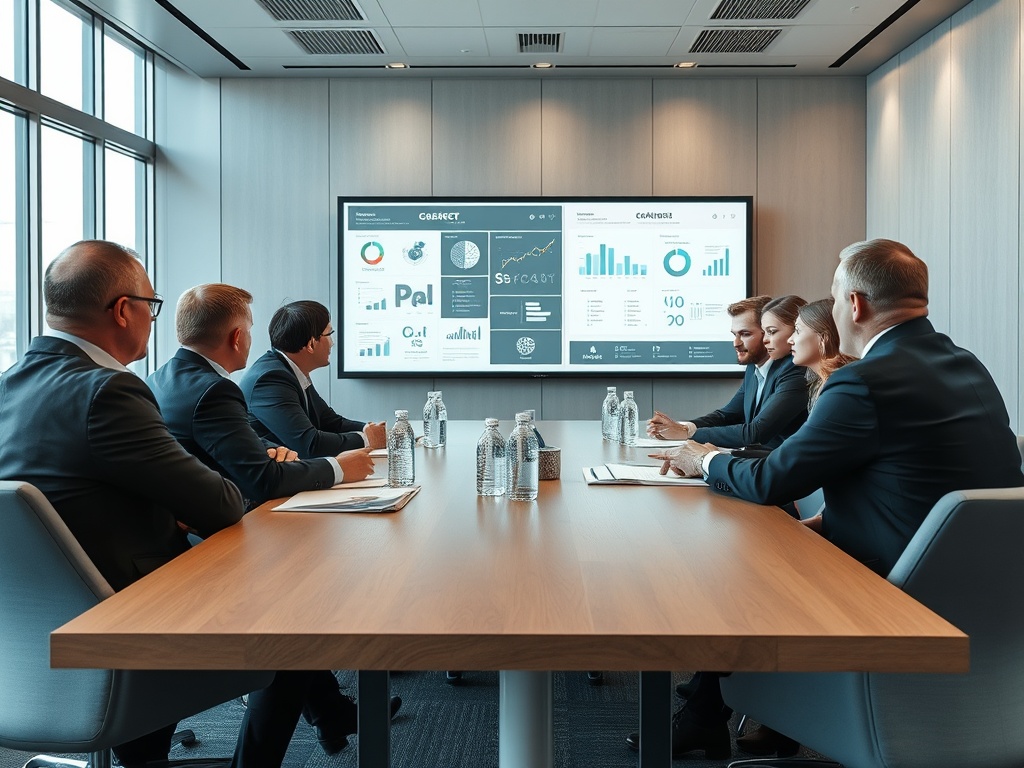 На деловой встрече группа людей обсуждает данные, представленные на экране. Важные графики и диаграммы.