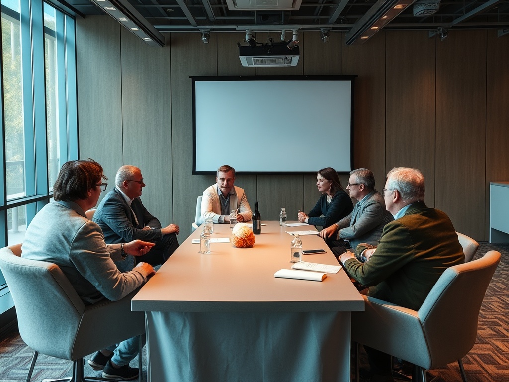 На встрече шесть человек обсуждают идеи за столом в современном офисе с большими окнами.