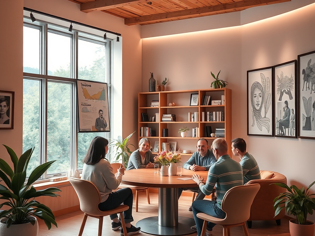 Группа людей обсуждает что-то за круглым столом в уютной комнате с большими окнами и растениями.