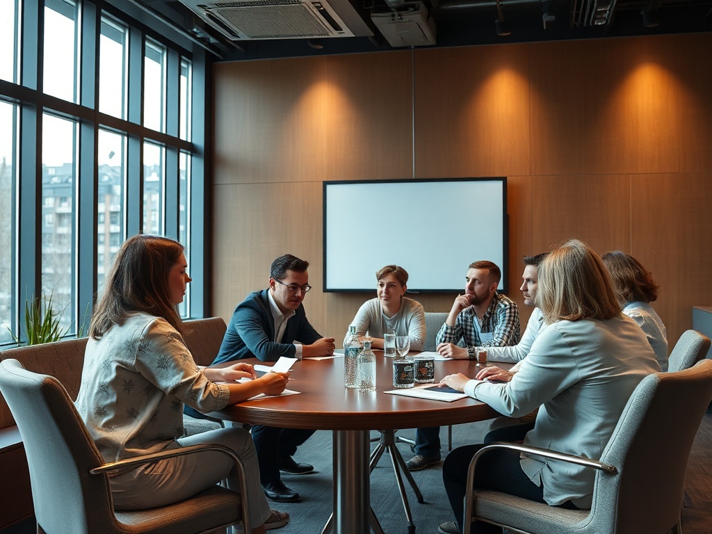 Группа людей обсуждает идеи на заседании в современном офисе с окнами от пола до потолка.