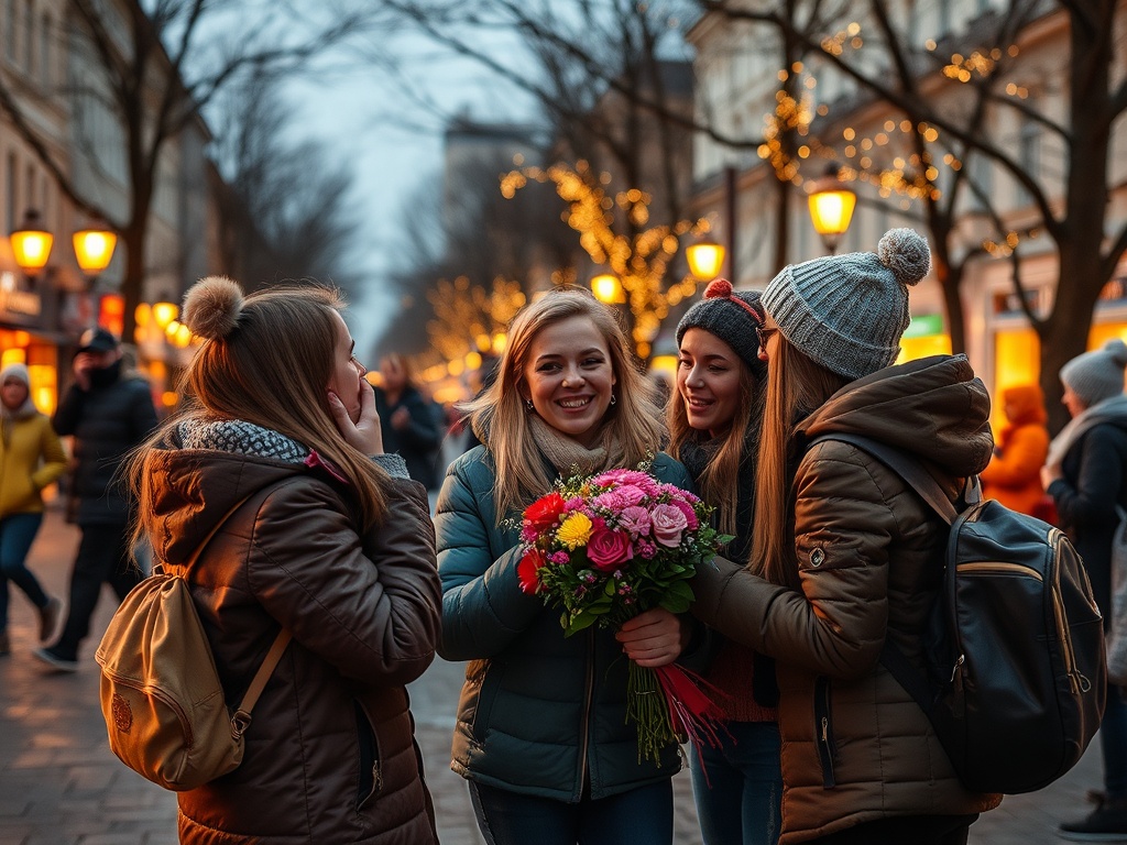 Четыре девушки на улице, одна из них держит букет цветов, фон с огнями и прохожими.