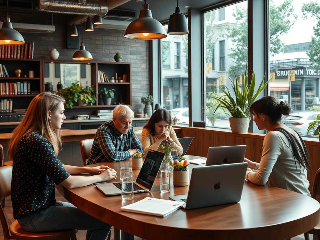 Четыре человека обсуждают идеи за круглым столом в стильном офисе с растениями и ноутбуками.