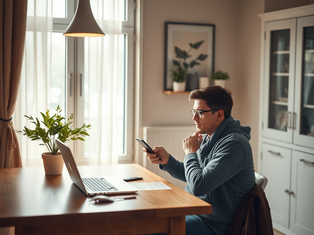 Молодой человек в свитере работает за столом, держит телефон, рядом ноутбук и горшечное растение.